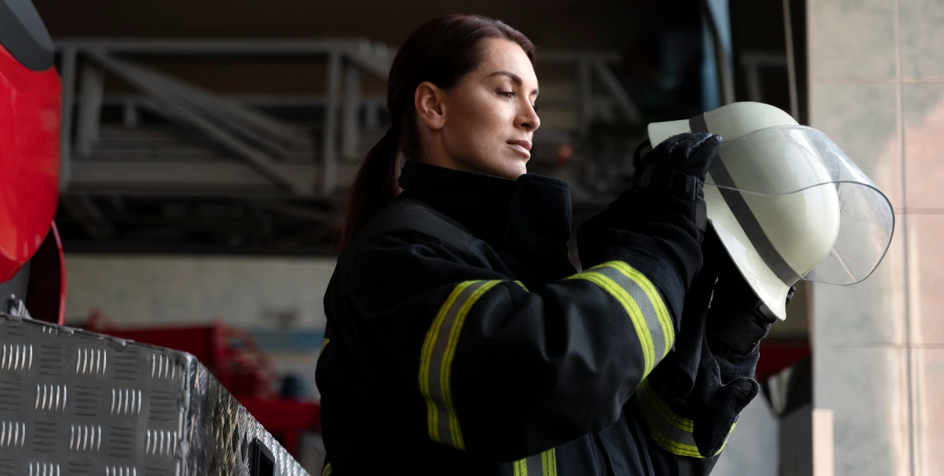 Bombera revisando su casco como parte de la prevención de incendios industriales en un parque de bomberos.