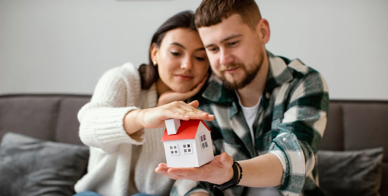 Pareja joven protegiendo una maqueta de casa con las manos, simbolizando la seguridad que ofrece un seguro de impago de alquiler y sus requisitos principales.