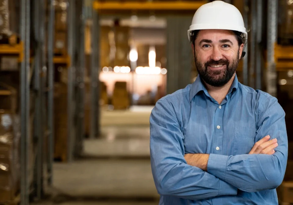 Autónomo de reformas con casco en almacén — seguro de responsabilidad civil profesional en reformas.