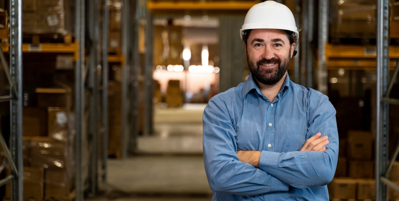 Autónomo de reformas con casco en almacén — seguro de responsabilidad civil profesional en reformas.