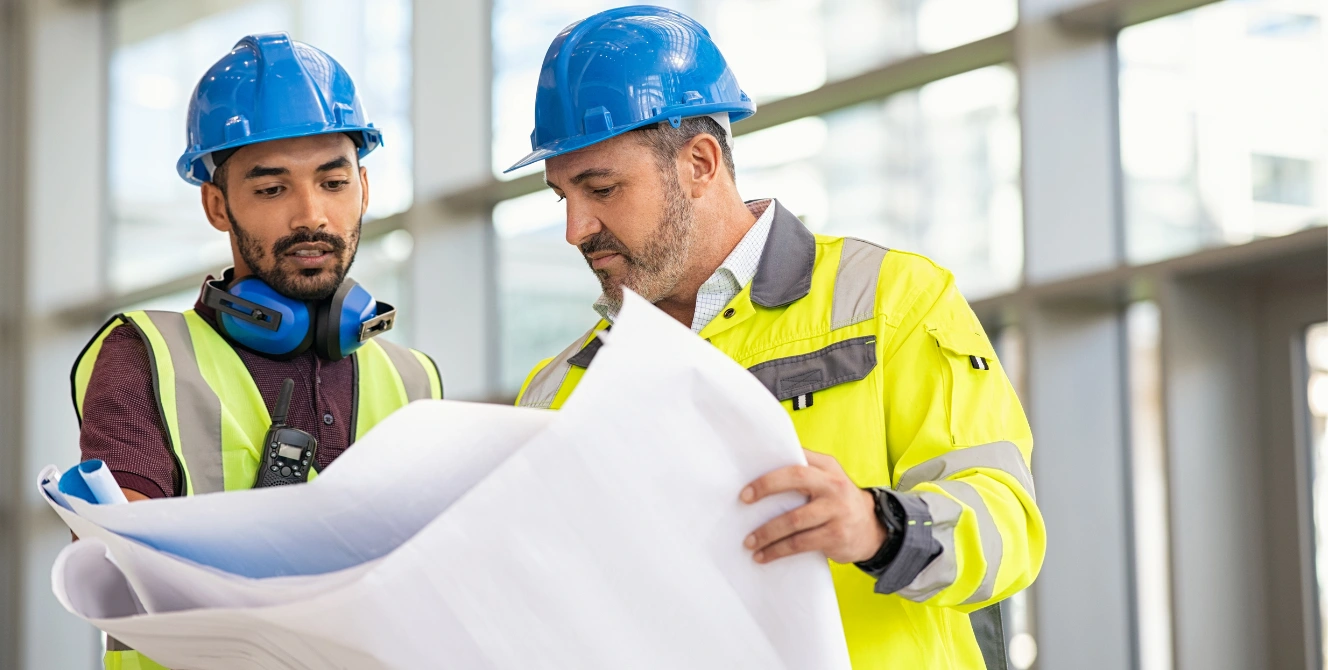 Dos operarios con casco y chaleco reflectante revisando planos en obra, relacionado con los tipos de accidentes laborales.