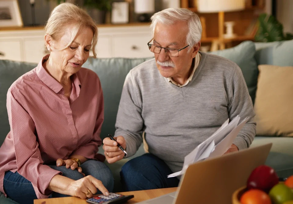 Matrimonio mayor revisando documentación en casa sobre dónde hay que ir para pedir las últimas voluntades.