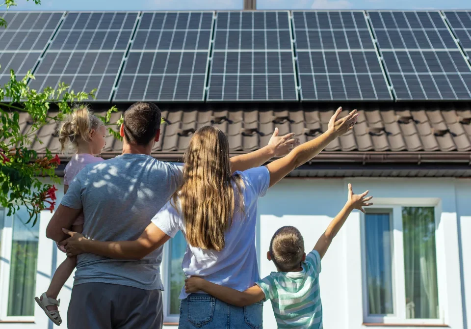 Familia con dos hijos contemplando su casa con placas solares en el tejado, símbolo de la inversión que protege un seguro para placas solares.